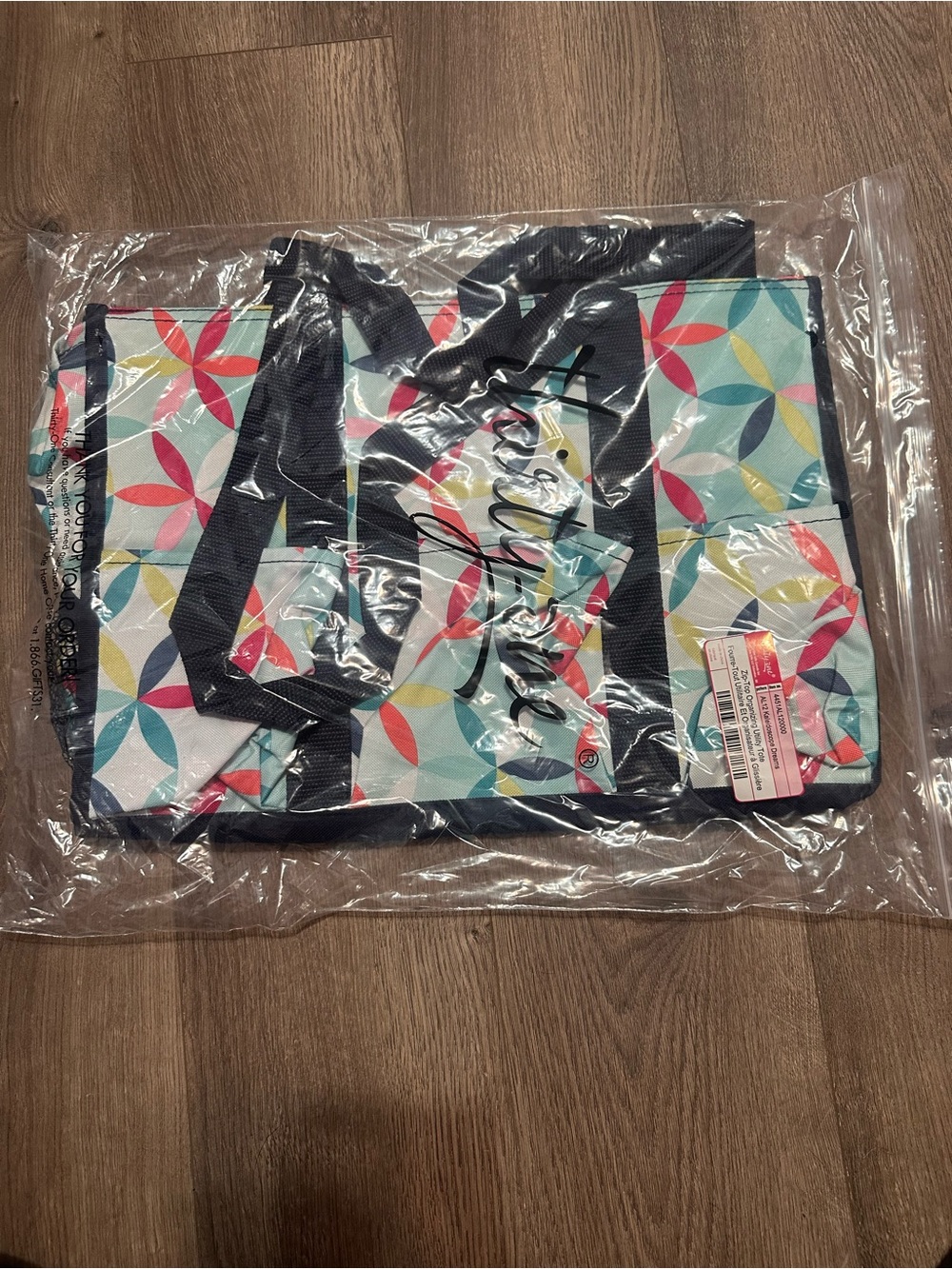 thirty-one Floral Geometric Print Tote in Teal, Pink, Yellow, Navy